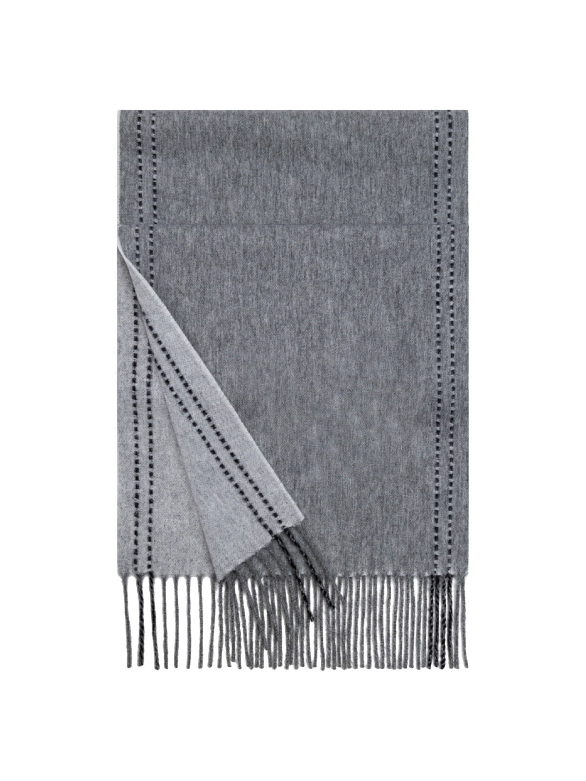 Écharpe en pure laine, double face, écharpe longue hiver, accessoire doux et chaud, écharpe à franges femme, modèle Wizie - Écharpe - Gris