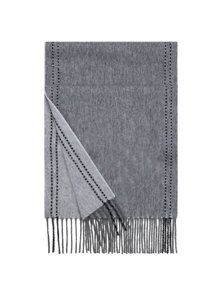 Écharpe en pure laine, double face, écharpe longue hiver, accessoire doux et chaud, écharpe à franges femme, modèle Wizie - Écharpe - Gris