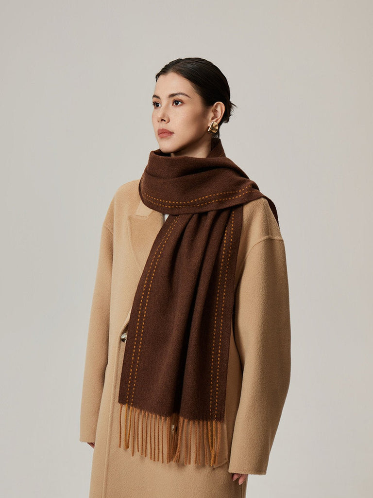 Écharpe en pure laine, double face, écharpe longue hiver, accessoire doux et chaud, écharpe à franges femme, modèle Wizie - Écharpe - Marron
