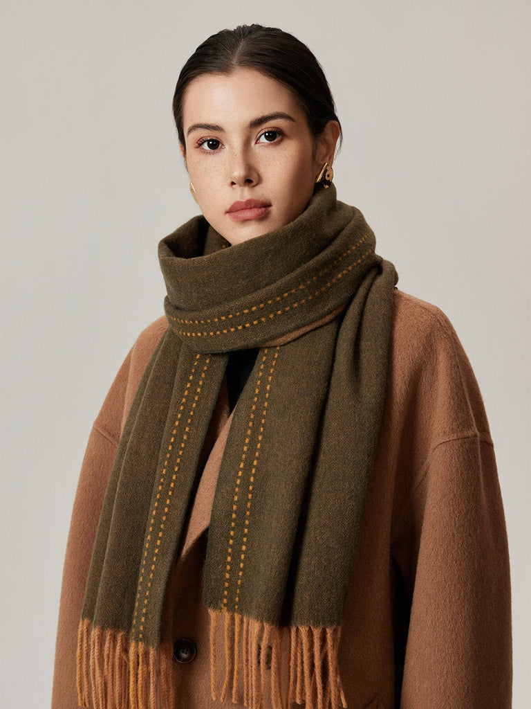 Écharpe en pure laine, double face, écharpe longue hiver, accessoire doux et chaud, écharpe à franges femme, modèle Wizie - Écharpe - Marron