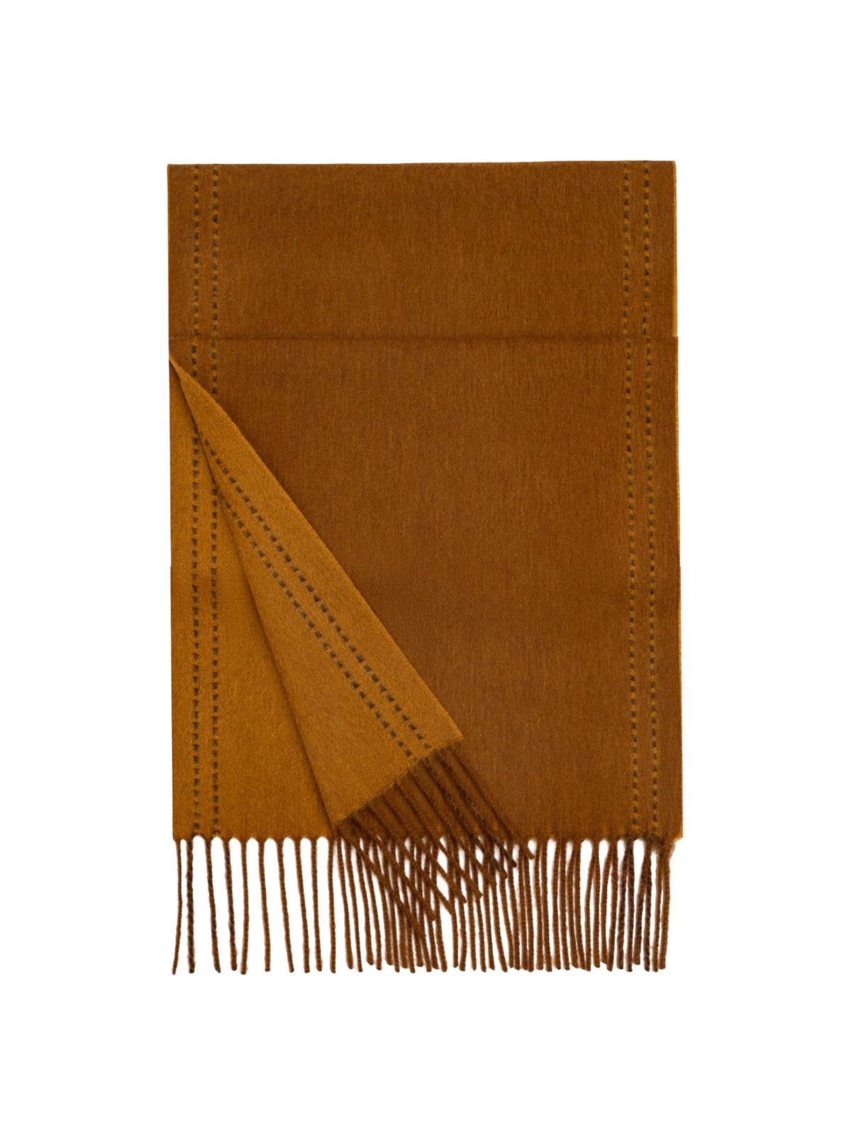 Écharpe en pure laine, double face, écharpe longue hiver, accessoire doux et chaud, écharpe à franges femme, modèle Wizie - Écharpe - Camel