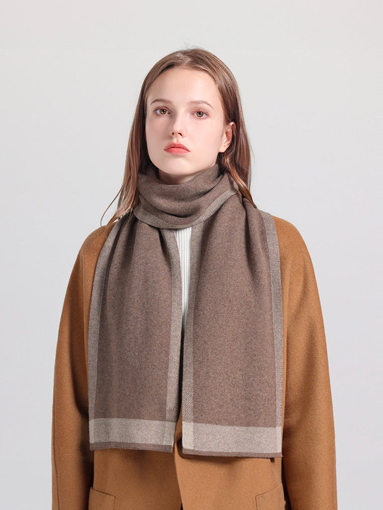 Écharpe femme en laine hiver, cachemire doux et coton, motif carreaux, coloris sobres, chaud et confortable, modèle Aïsha - Écharpe - Marron