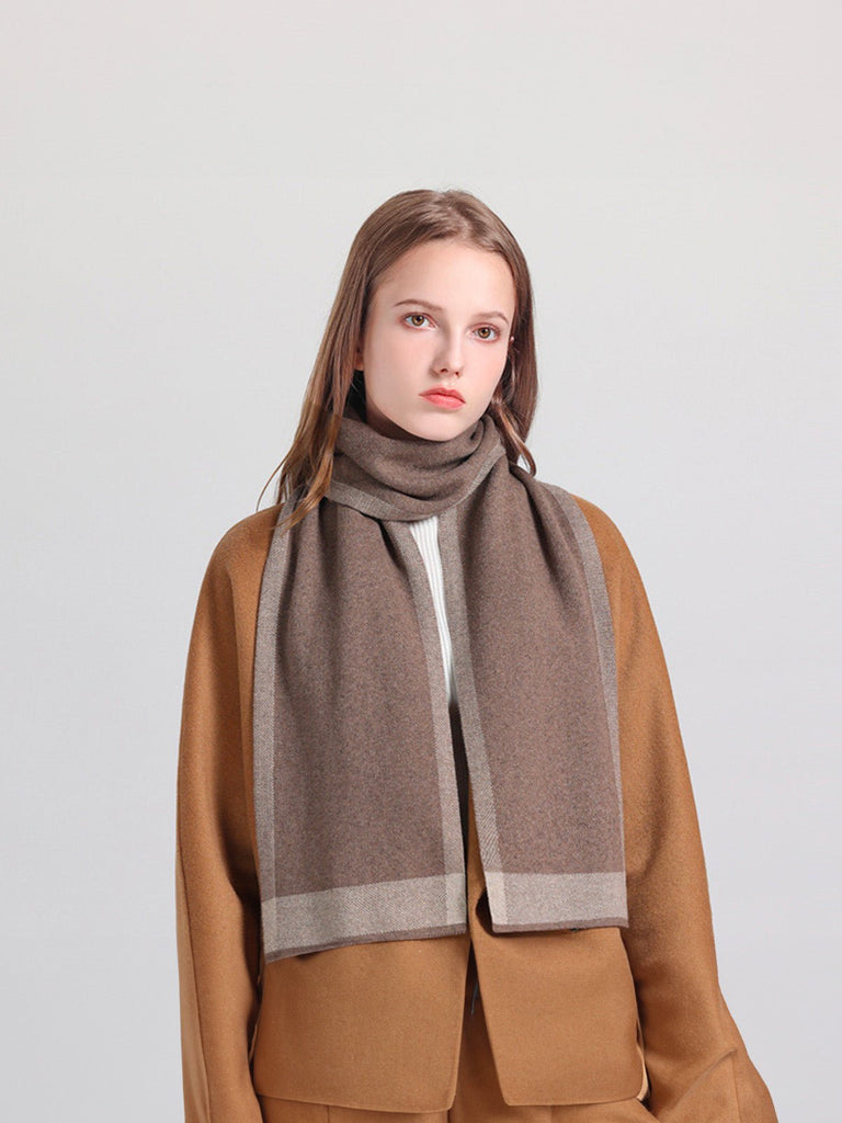 Écharpe femme en laine hiver, cachemire doux et coton, motif carreaux, coloris sobres, chaud et confortable, modèle Aïsha - Écharpe - Marron