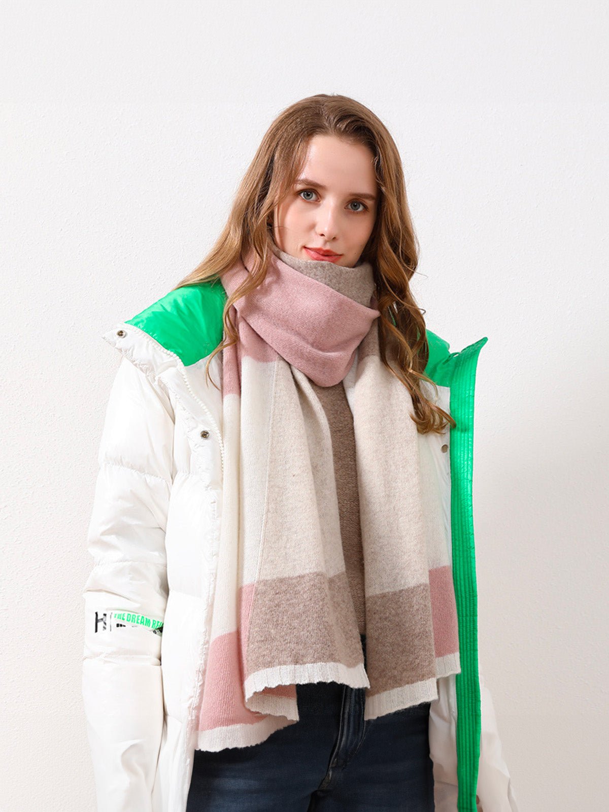 Écharpe femme hiver, pure laine chaude, écharpe longue tricolore, écharpe douce à rayures, châle épais automne hiver, modèle Samira - Écharpe - Rose