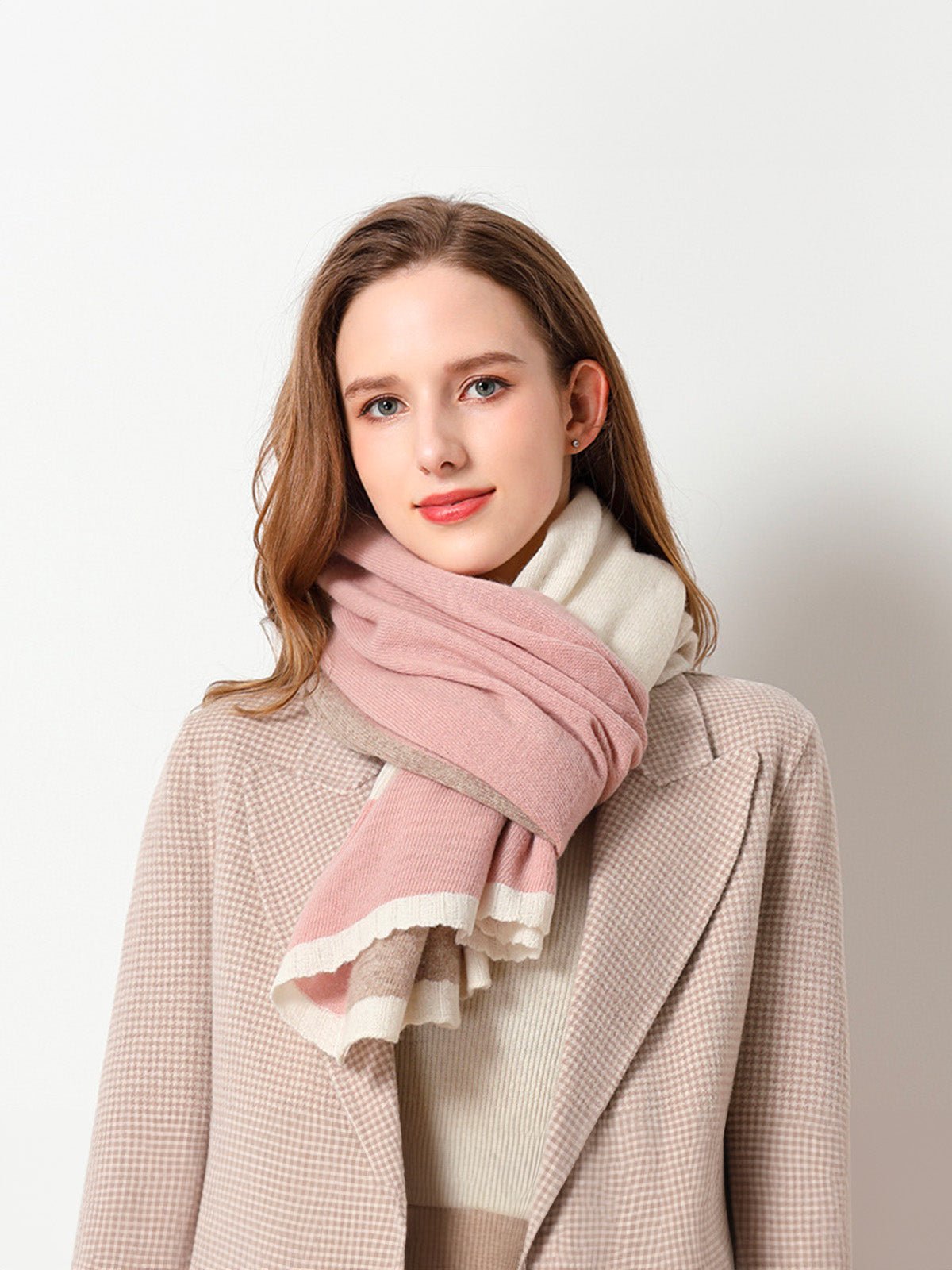 Écharpe femme hiver, pure laine chaude, écharpe longue tricolore, écharpe douce à rayures, châle épais automne hiver, modèle Samira - Écharpe - Rose