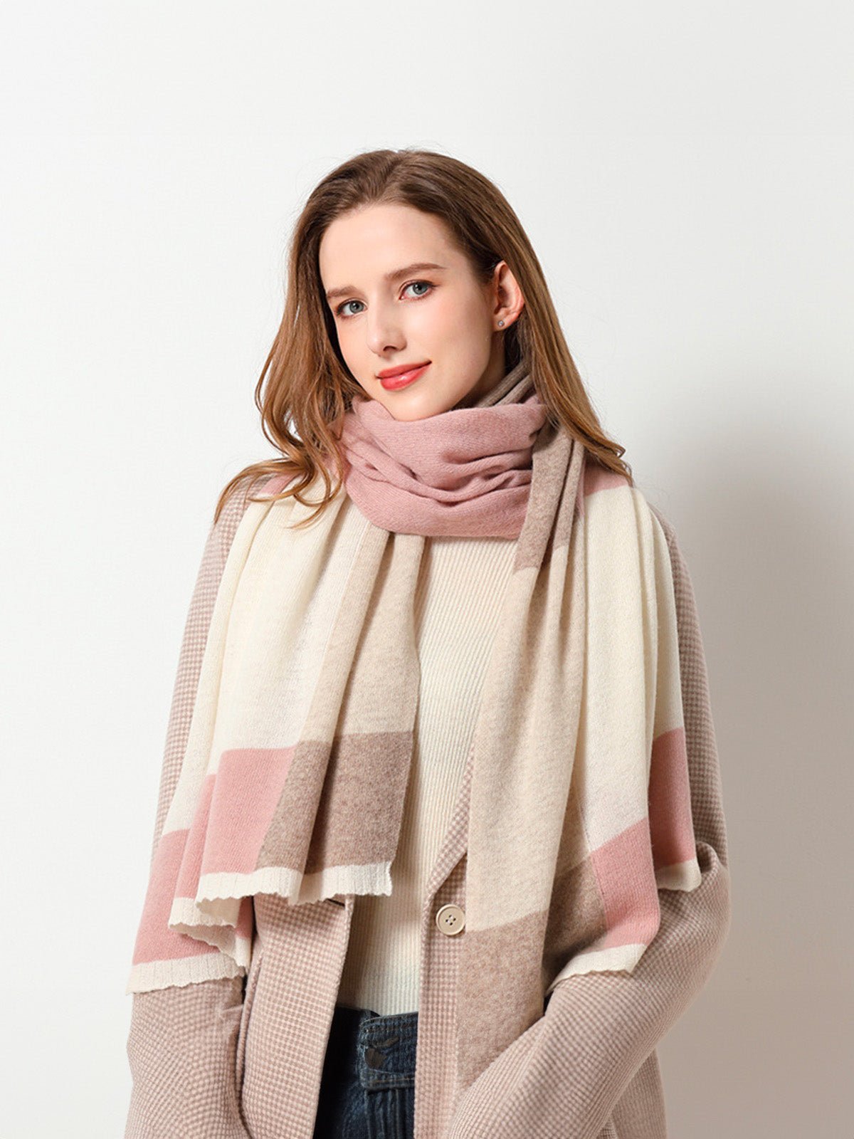 Écharpe femme hiver, pure laine chaude, écharpe longue tricolore, écharpe douce à rayures, châle épais automne hiver, modèle Samira - Écharpe - Rose