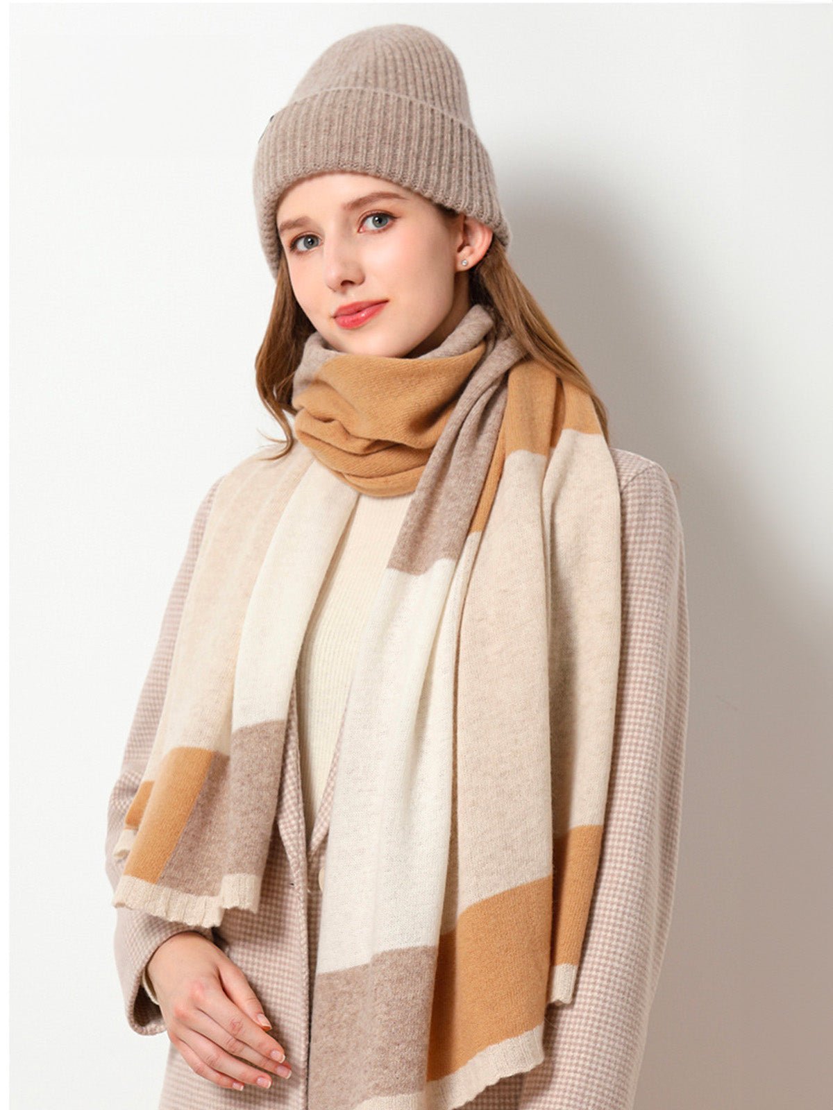 Écharpe femme hiver, pure laine chaude, écharpe longue tricolore, écharpe douce à rayures, châle épais automne hiver, modèle Samira - Écharpe - Camel
