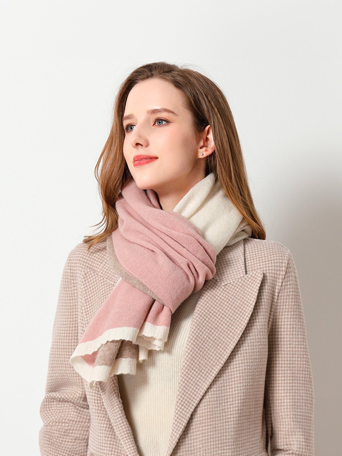 Écharpe femme hiver, pure laine chaude, écharpe longue tricolore, écharpe douce à rayures, châle épais automne hiver, modèle Samira - Écharpe - Rose