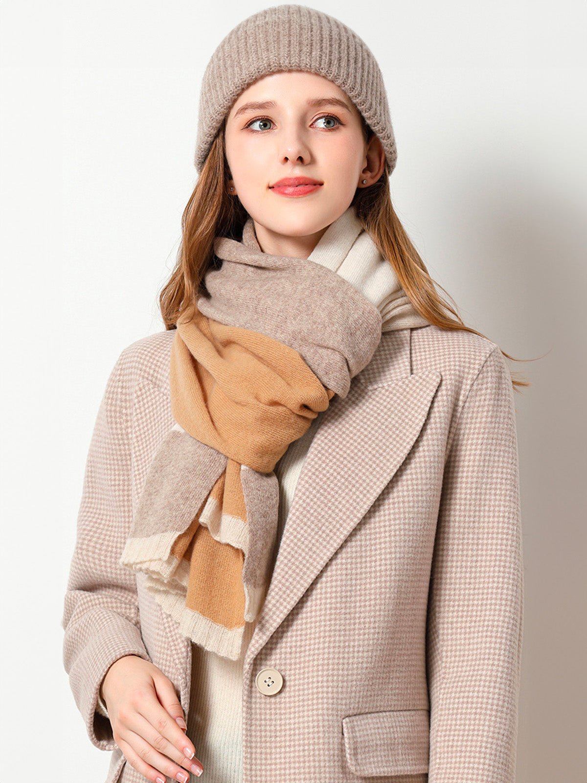 Écharpe femme hiver, pure laine chaude, écharpe longue tricolore, écharpe douce à rayures, châle épais automne hiver, modèle Samira - Écharpe - Camel