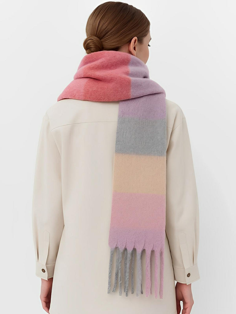 Écharpe femme mohair, plaid multicolore pastel, châle doux hiver, écharpe longue chaude, à franges, modèle Madia - Écharpe - Multicolore