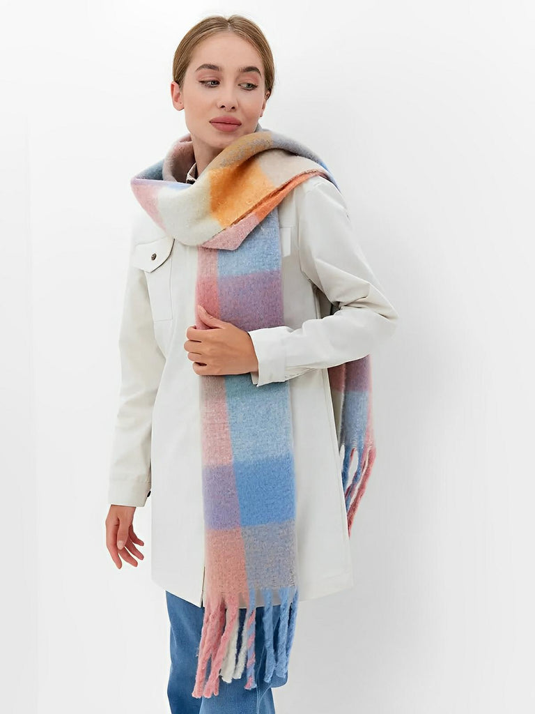 Écharpe femme mohair, plaid multicolore pastel, châle doux hiver, écharpe longue chaude, à franges, modèle Madia - Écharpe - Style 5