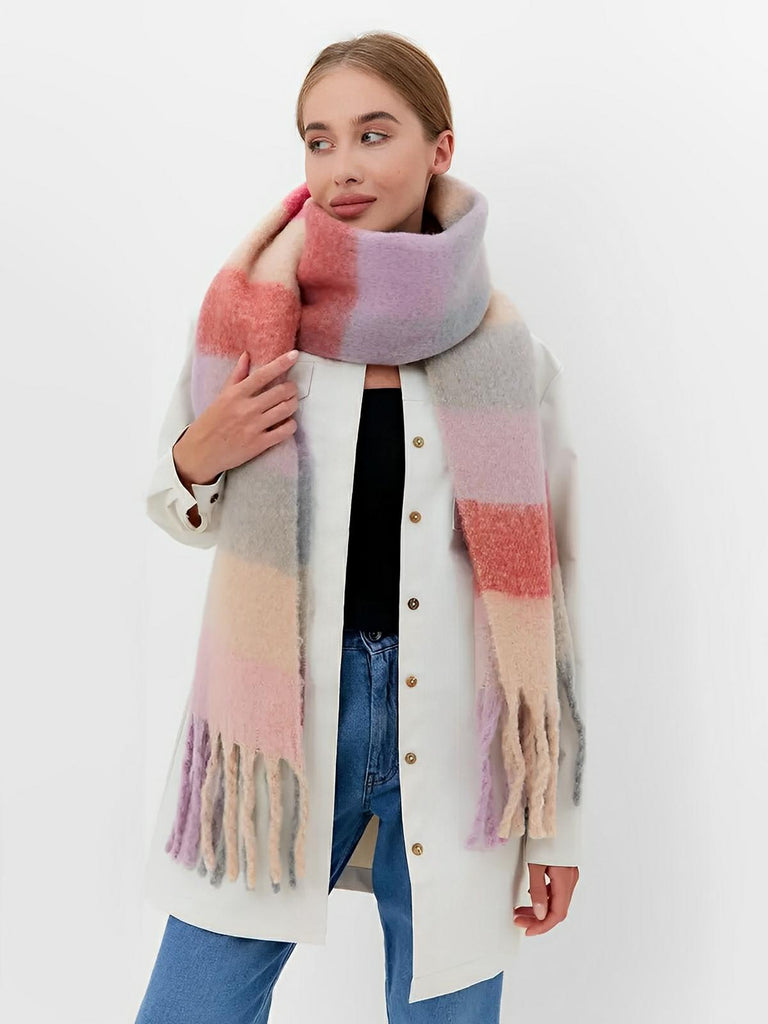 Écharpe femme mohair, plaid multicolore pastel, châle doux hiver, écharpe longue chaude, à franges, modèle Madia - Écharpe - Multicolore