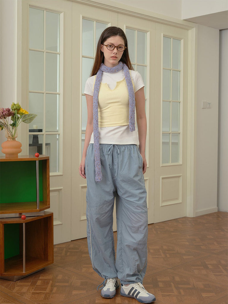 Écharpe fine femme hiver, tricotée à la main, longue et étroite, toucher doux, coloris pastel chiné, accessoire chaud et léger, modèle Icy - Écharpe - Bleu