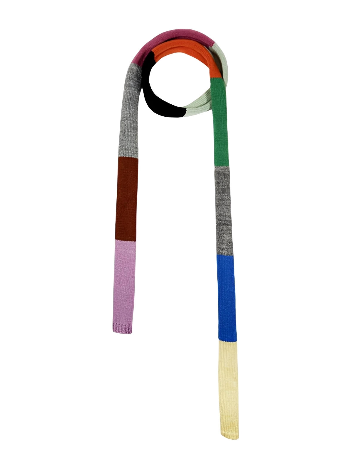 Sciarpa sottile multicolore in lana, design color block grafico, maglia morbida e calda, stile streetwear minimalista, accessorio invernale leggero e di tendenza, sciarpa lunga patchwork, mix di materiali lana e acrilico, modello Azunda