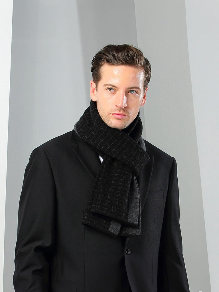 Écharpe homme 100% cachemire, noire et grise, douce et chaude, look business hivernal, design bicolore raffiné, modèle Baptiste - Écharpe - Noir