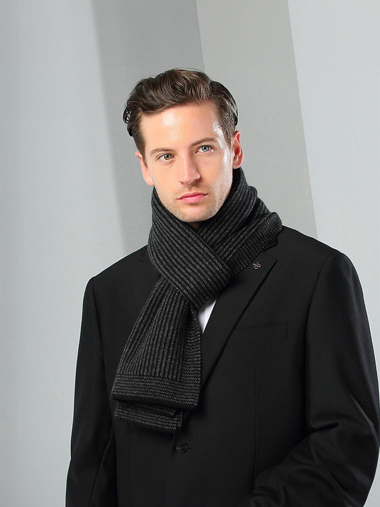 Écharpe homme cachemire hiver, laine douce chaude, motif discret gris, écharpe longue hiver, accessoire mode masculin, modèle Thomas - Écharpe - Noir