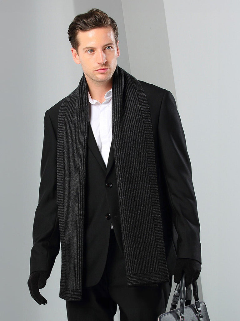 Écharpe homme cachemire hiver, laine douce chaude, motif discret gris, écharpe longue hiver, accessoire mode masculin, modèle Thomas - Écharpe - Noir
