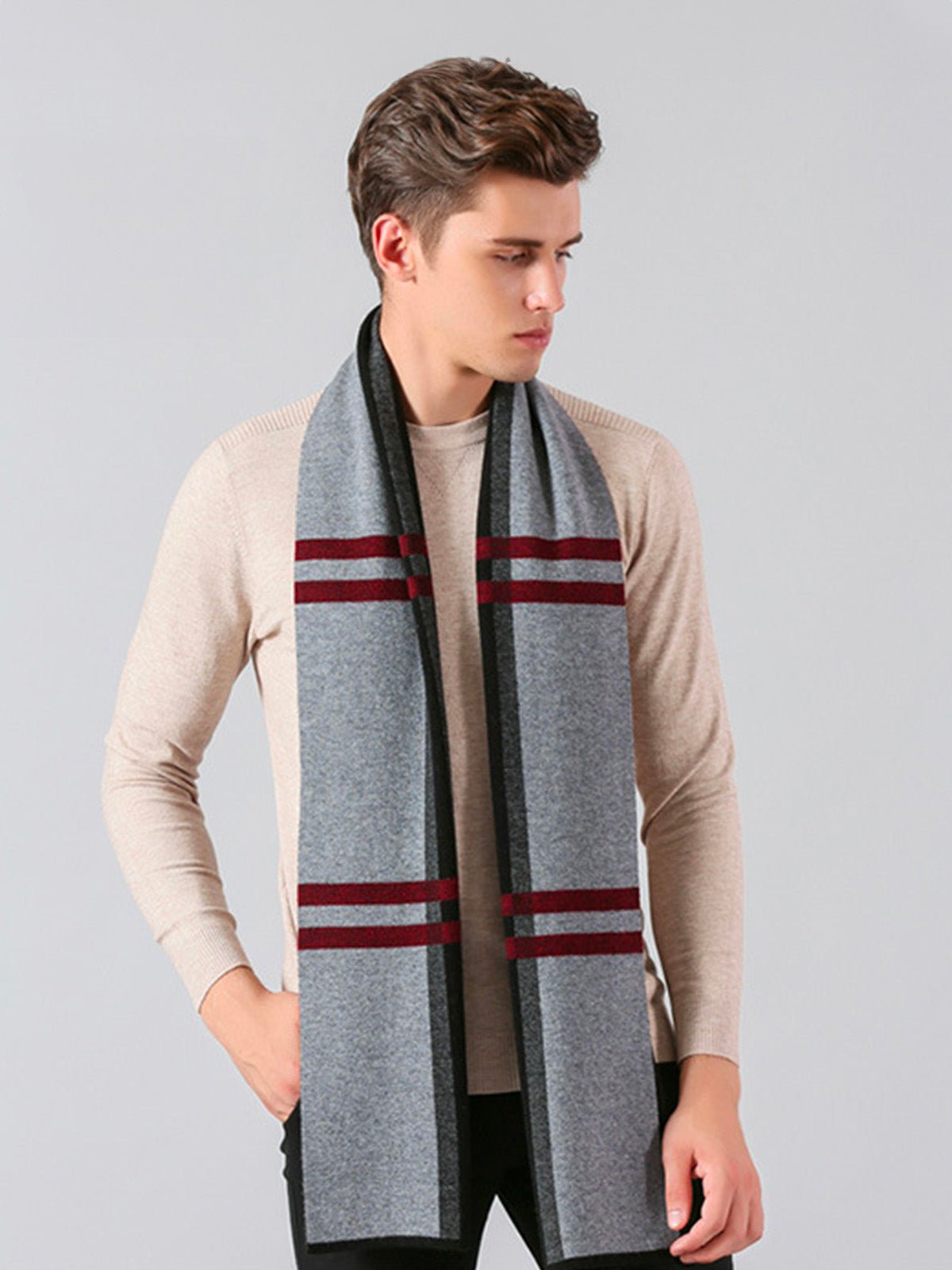 Écharpe homme pure laine, design à rayures modernes, chaude hiver, toucher doux, idéale costume ou manteau, cadeau masculin raffiné, modèle Timéo - Écharpe - Noir