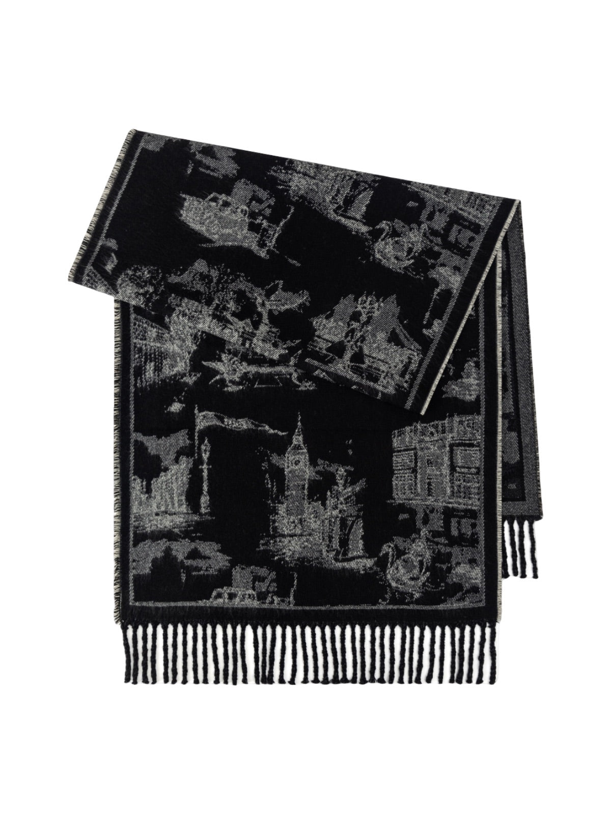 Écharpe jacquard réversible à motif urbain, grande écharpe à franges, douce et chaude, idéale bureau et extérieur, accessoire hiver femme, modèle Yomia - Écharpe - Noir et gris