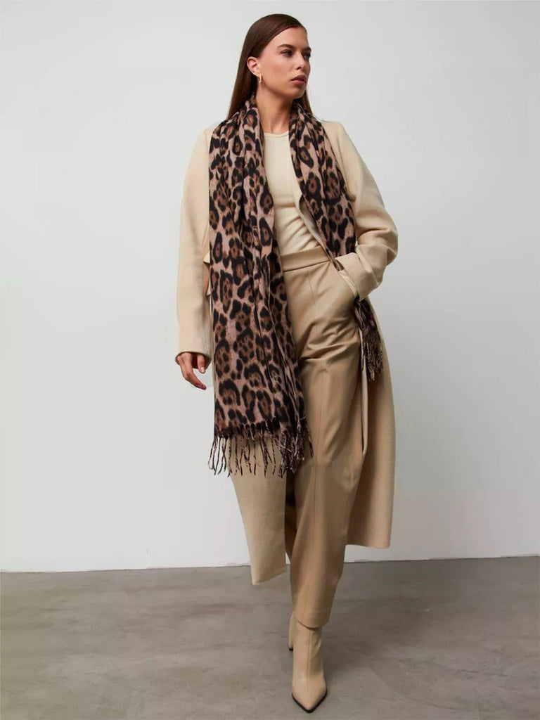 Écharpe léopard femme, douce et chaude, laine et éco - cachemire, grand format 180x70 cm, accessoire hiver chic, style audacieux et confortable, modèle Zorus - Écharpe - Beige