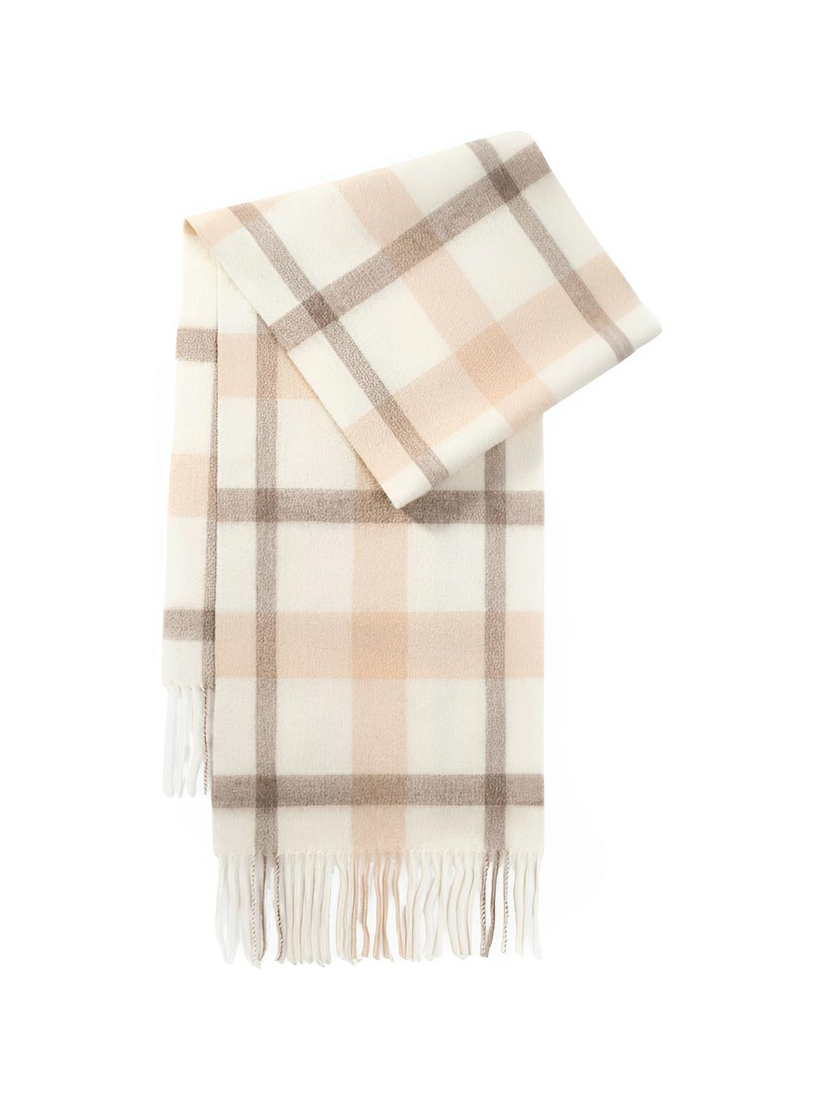 Écharpe longue 100% laine d’agneau, douce, à carreaux avec franges, accessoire chaud et raffiné pour l’hiver, modèle Dori - Écharpe - Blanc