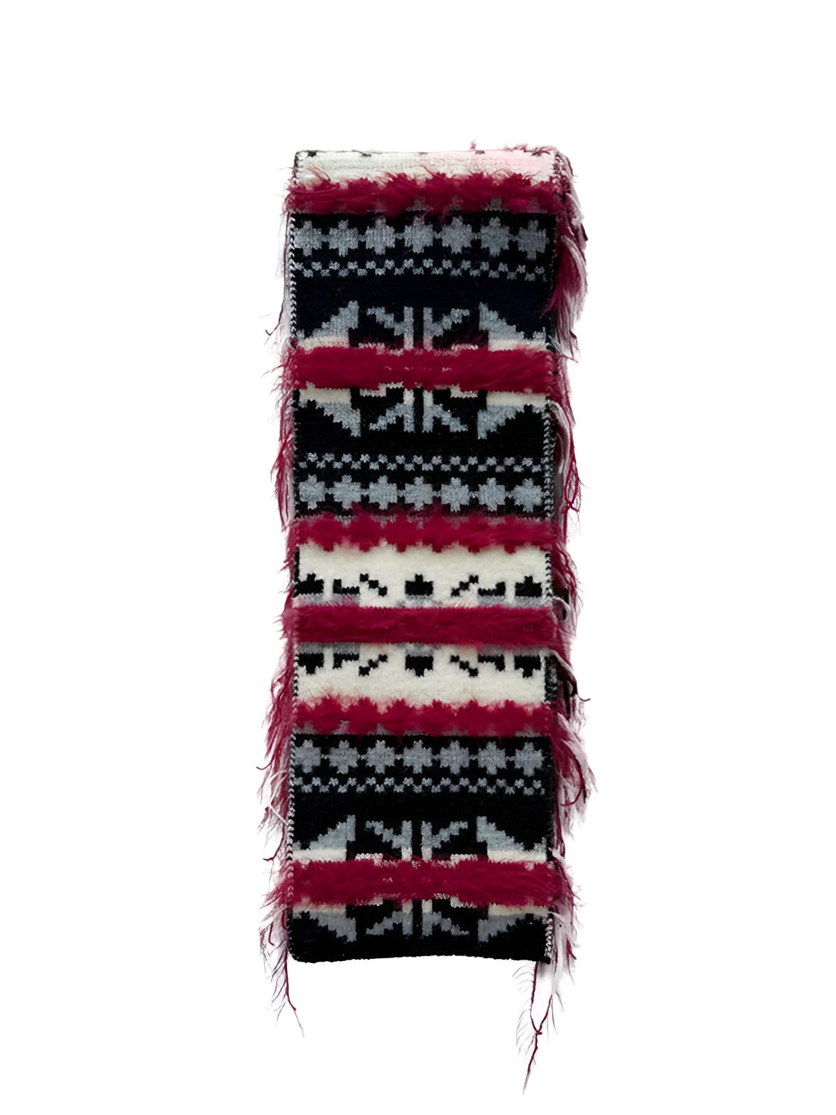 Écharpe longue chaude femme, style nordique graphique, tricot hivernal doux, motif géométrique noël rouge noir blanc, look streetwear original, modèle Aminoé - Écharpe - Noir Rouge et Blanc