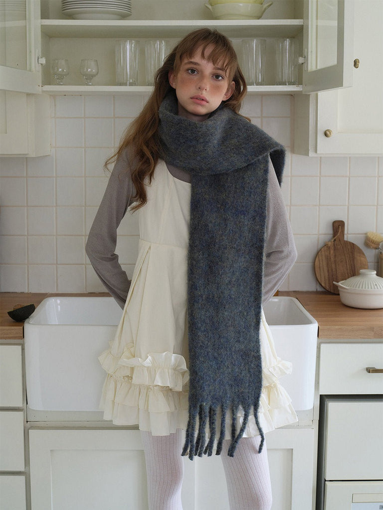 Écharpe longue douce hiver, laine mélangée chaude, coloris chinés, avec franges, accessoire cocooning chic, modèle Sodène - Écharpe - Gris foncé