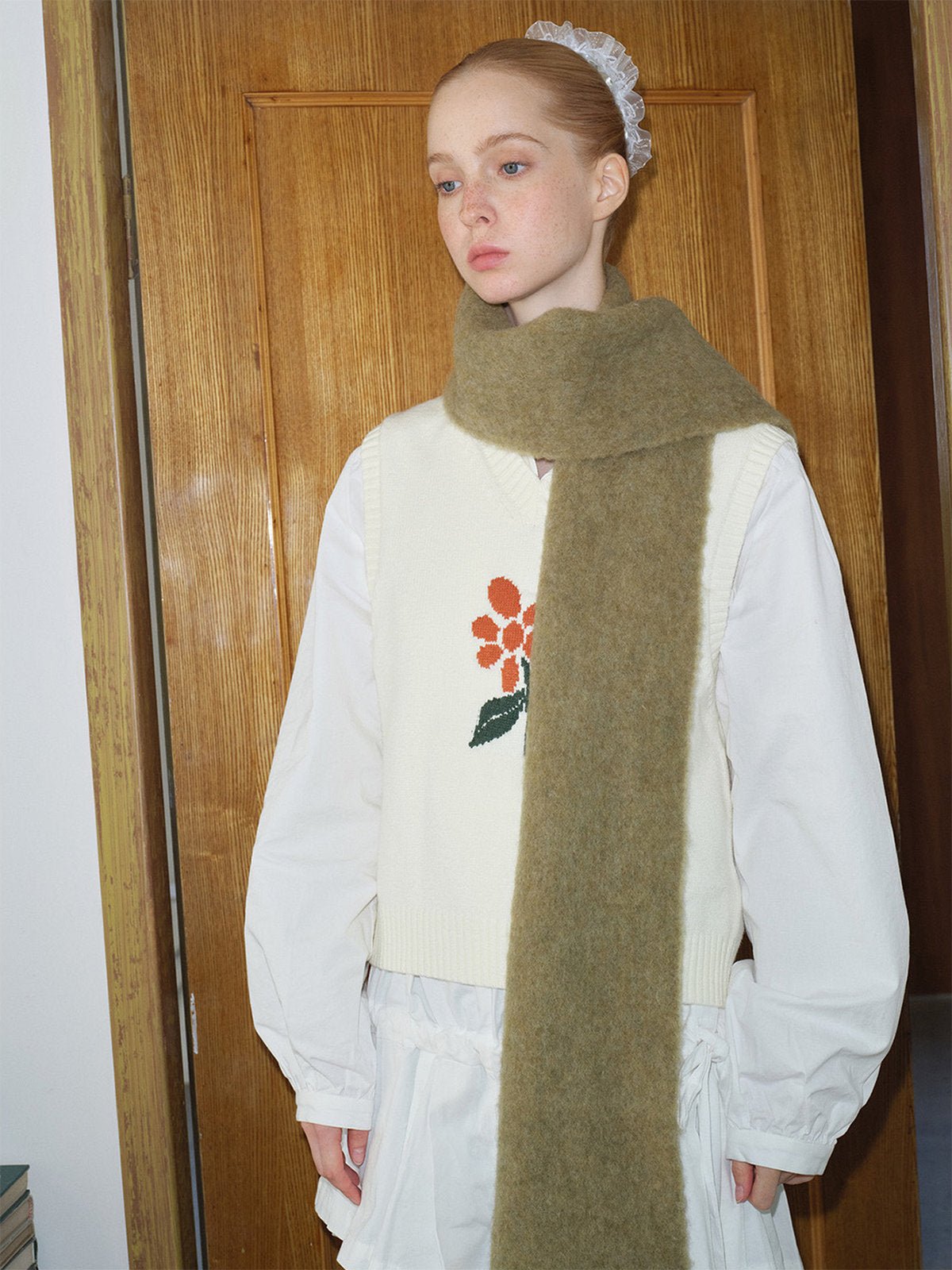 Écharpe longue femme hiver, laine alpaga douce, écharpe chaude à franges, accessoire cocooning hiver, écharpe moelleuse unie, modèle Laorie - Écharpe - Vert