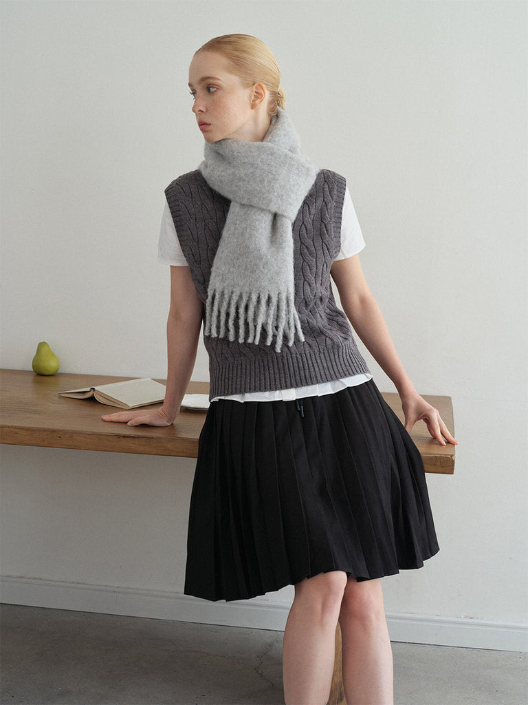 Écharpe longue femme hiver, laine alpaga douce, écharpe chaude à franges, accessoire cocooning hiver, écharpe moelleuse unie, modèle Laorie - Écharpe - Gris