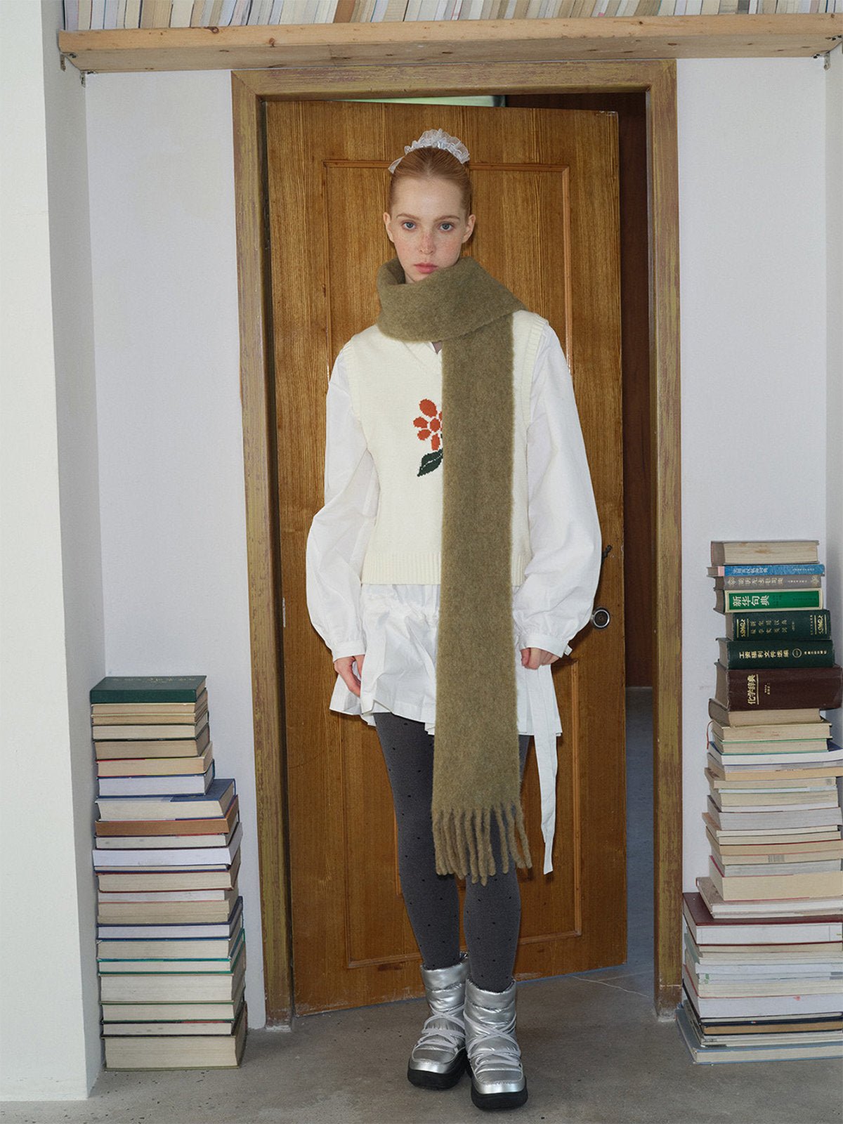 Écharpe longue femme hiver, laine alpaga douce, écharpe chaude à franges, accessoire cocooning hiver, écharpe moelleuse unie, modèle Laorie - Écharpe - Vert