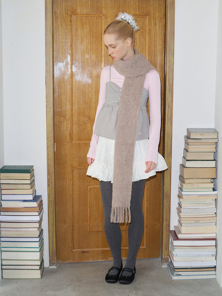 Écharpe longue femme hiver, laine alpaga douce, écharpe chaude à franges, accessoire cocooning hiver, écharpe moelleuse unie, modèle Laorie - Écharpe - Taupe