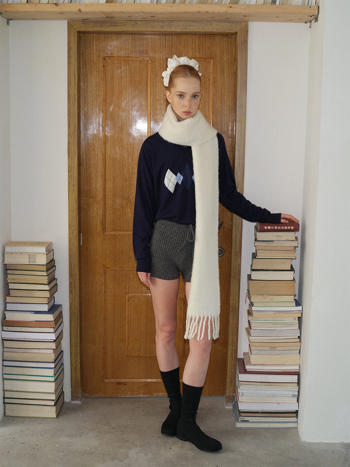 Écharpe longue femme hiver, laine alpaga douce, écharpe chaude à franges, accessoire cocooning hiver, écharpe moelleuse unie, modèle Laorie - Écharpe - Blanc