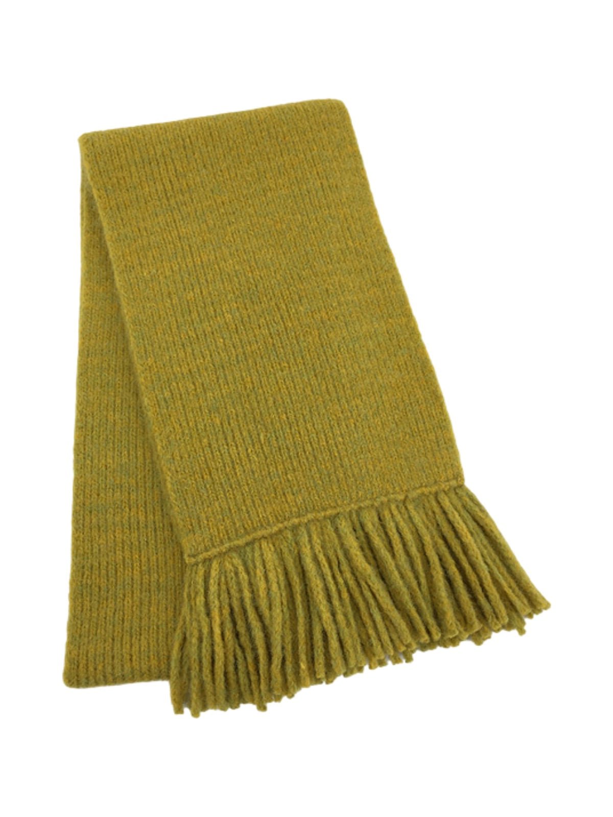 Écharpe longue hiver femme, tricot doux à franges, coloris unis, chaud et moelleux, style moderne casual, accessoire cocooning quotidien, modèle Mélona - Écharpe - Moutarde