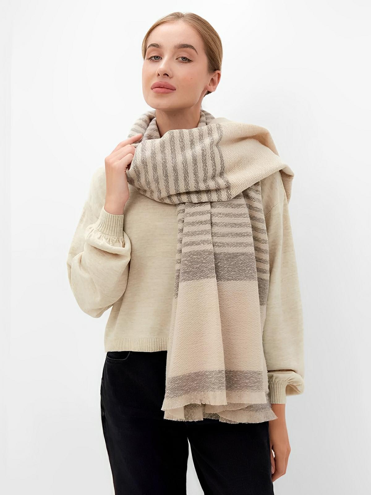 Écharpe pour femme, d'hiver, rayée, douce, à motifs rayures et carreaux gris, modèle Anaïs - Écharpe - Beige