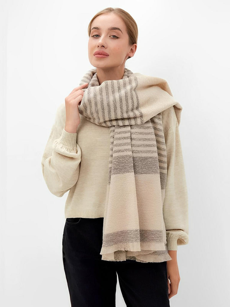 Écharpe pour femme, d'hiver, rayée, douce, à motifs rayures et carreaux gris, modèle Anaïs - Écharpe - Beige