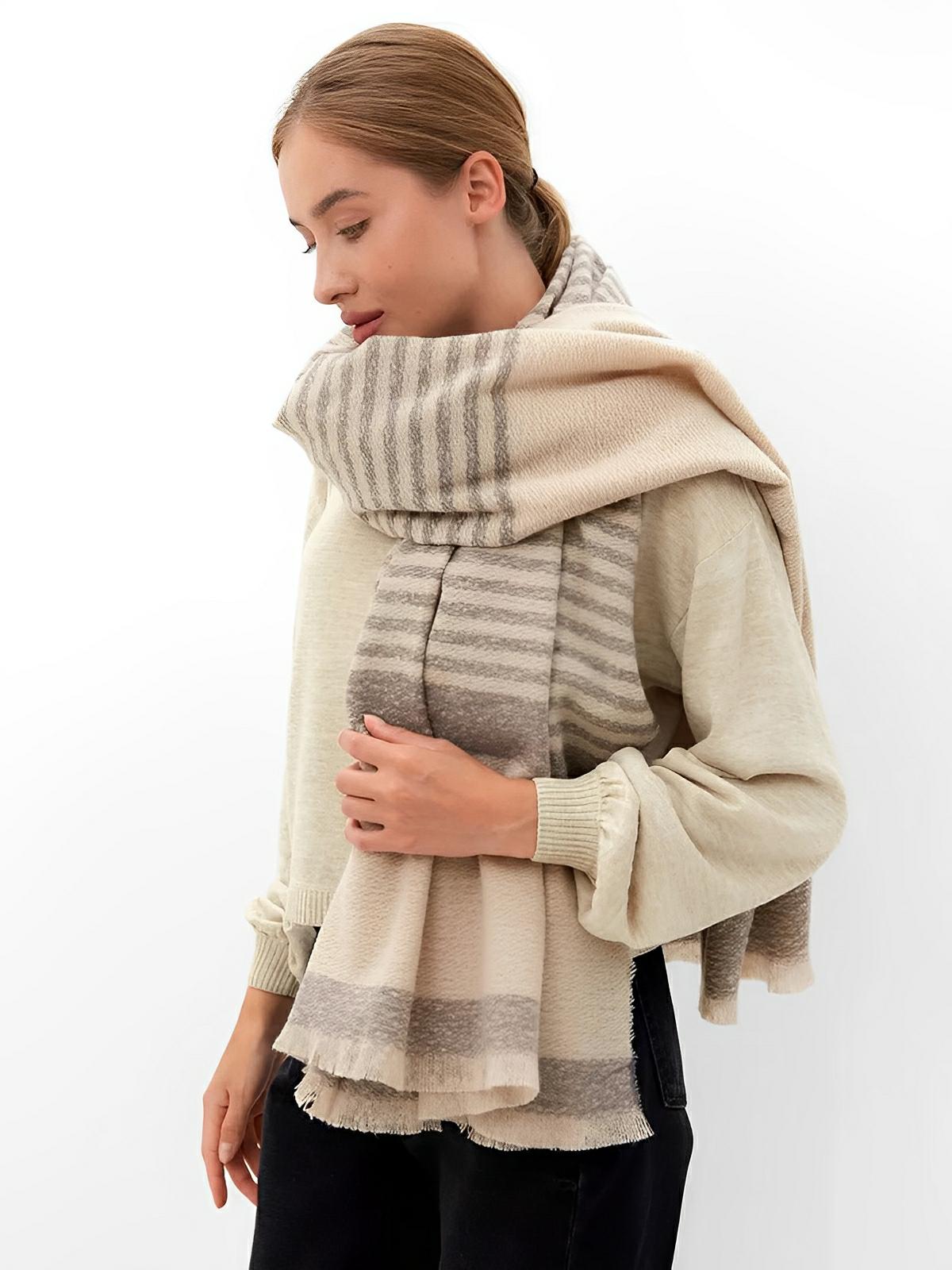 Écharpe pour femme, d'hiver, rayée, douce, à motifs rayures et carreaux gris, modèle Anaïs - Écharpe - Beige