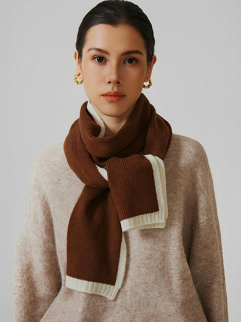 Écharpe pour femme, hiver 100% laine, douce et chaude, tricotée fine, unie bord contrasté, modèle Lancasta - Écharpe - Marron