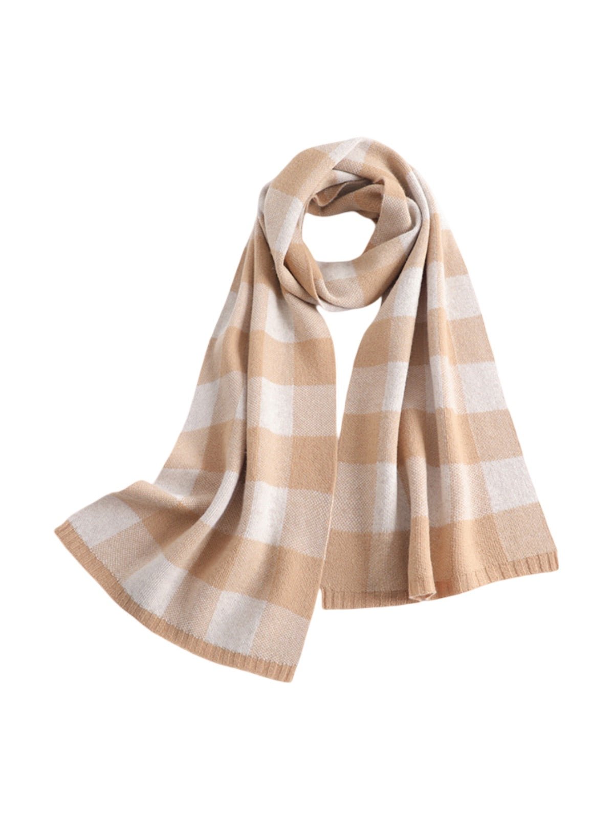 Écharpe pure laine, écharpe hiver femme, grand motif à carreaux, chaude et douce, look tendance, 180x30cm, modèle Mira - Écharpe - Beige
