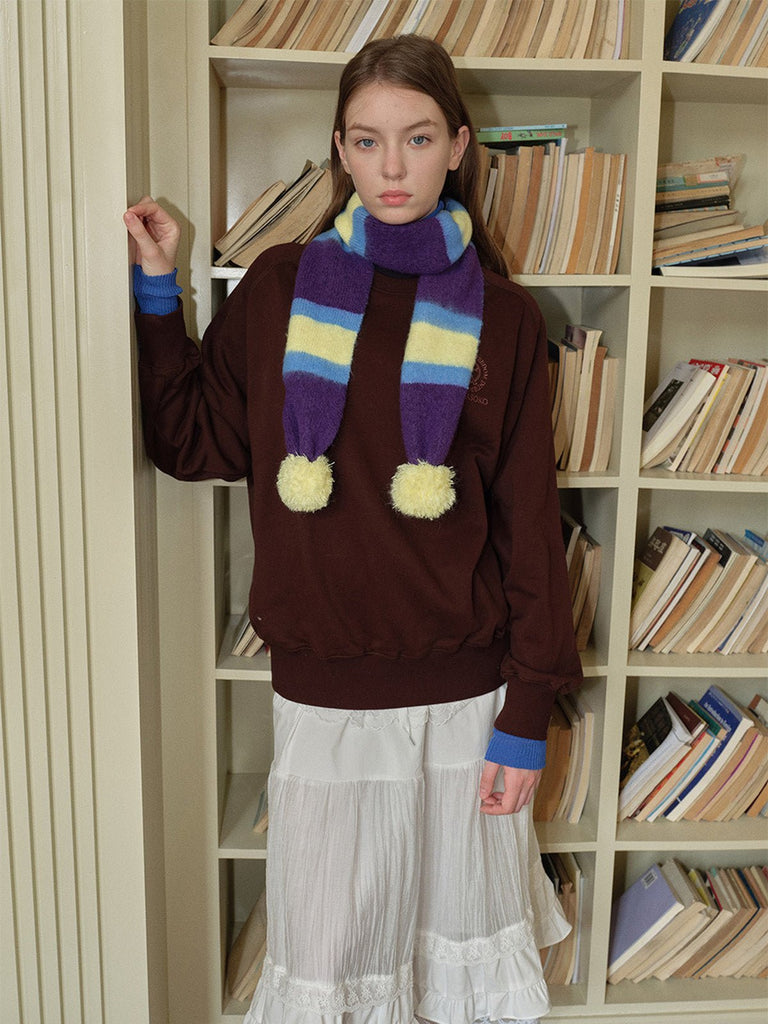 Écharpe tricolore à pompons, douce et chaude, look rétro coloré, hiver stylé, idéale pour superpositions, parfaite pour le froid, modèle Tafine - Écharpe - Violet