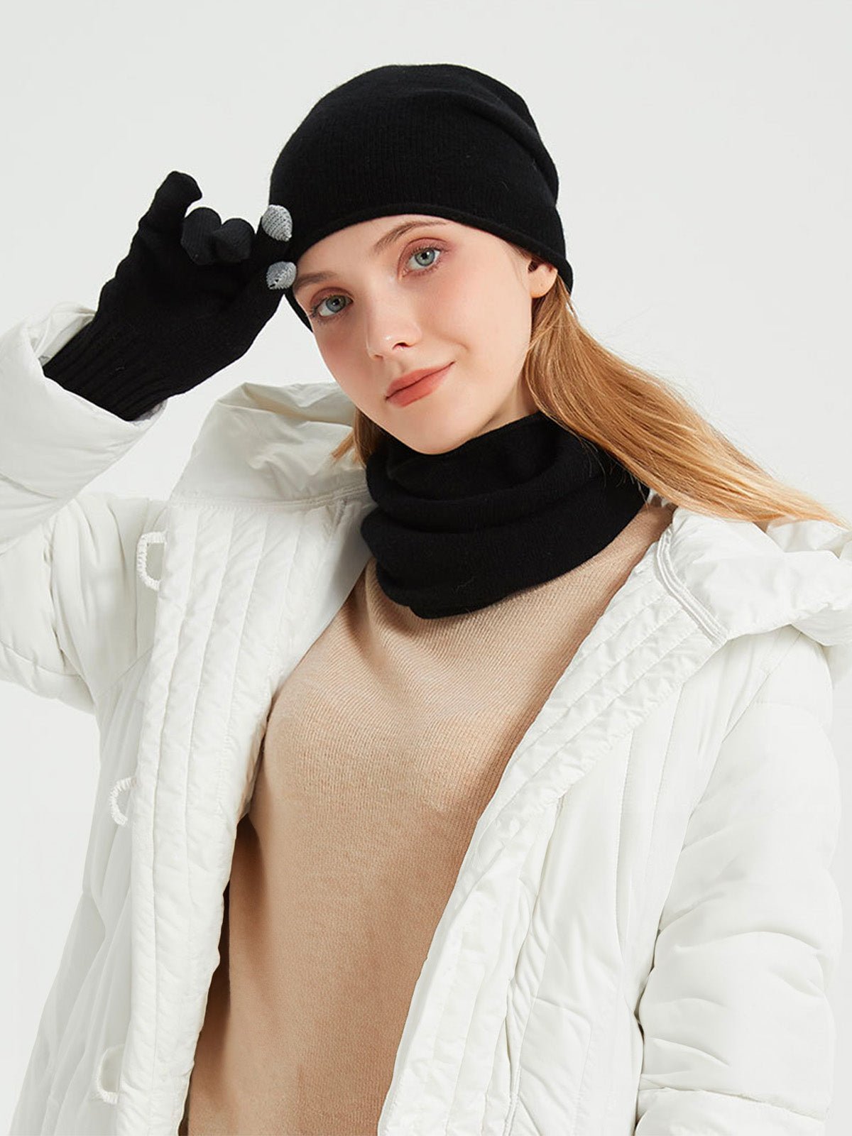 Ensemble bonnet cache - cou gants, hiver chaud, pure laine douce, maille unie, tactile smartphone, cadeau idéal, mixte, doux et chaud, modèle Xani - Écharpe - Noir