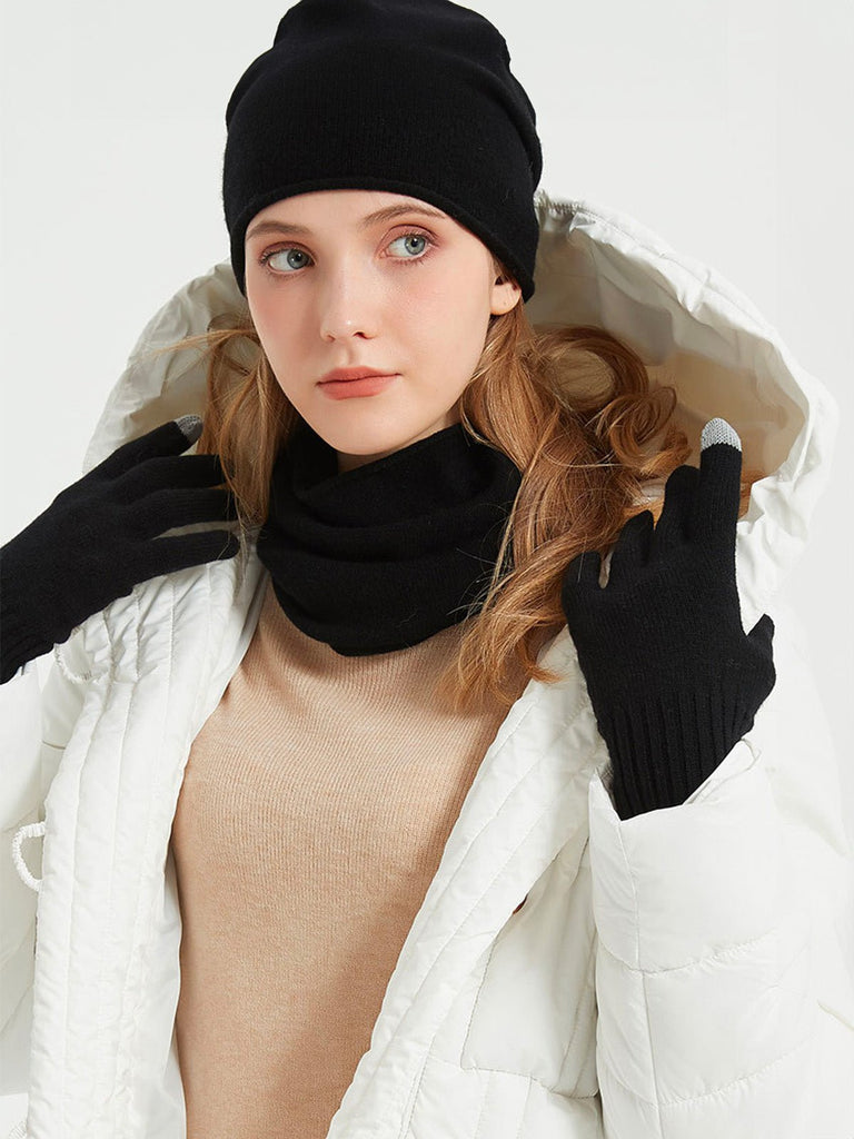 Ensemble bonnet cache - cou gants, hiver chaud, pure laine douce, maille unie, tactile smartphone, cadeau idéal, mixte, doux et chaud, modèle Xani - Écharpe - Noir