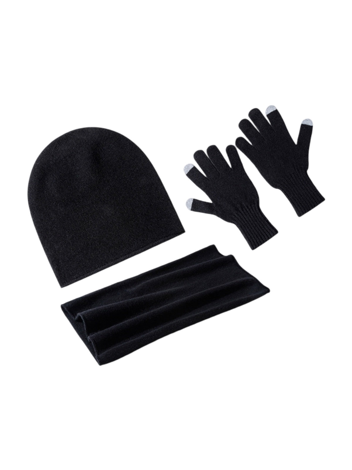 Ensemble bonnet cache - cou gants, hiver chaud, pure laine douce, maille unie, tactile smartphone, cadeau idéal, mixte, doux et chaud, modèle Xani - Écharpe - Noir