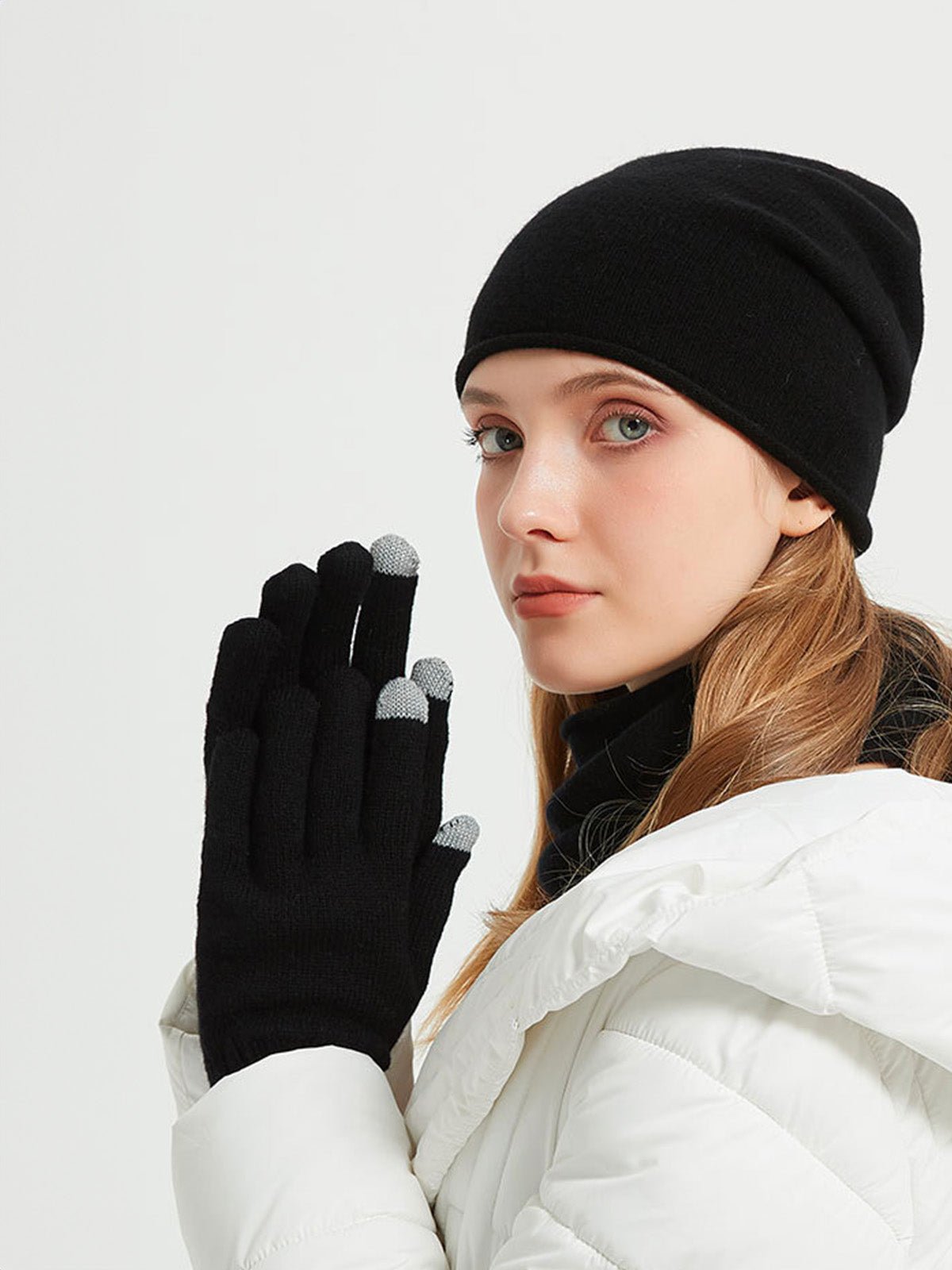 Ensemble bonnet cache - cou gants, hiver chaud, pure laine douce, maille unie, tactile smartphone, cadeau idéal, mixte, doux et chaud, modèle Xani - Écharpe - Noir