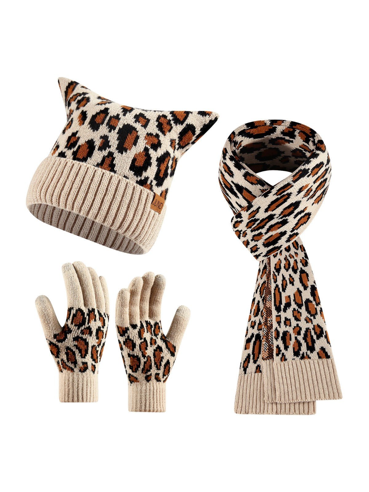Ensemble bonnet gants écharpe femme, tricot léopard hiver, set léopard chaud 3 pièces, accessoire mode saison froide, cadeau original automne hiver, modèle Zéderine - Écharpe - Beige