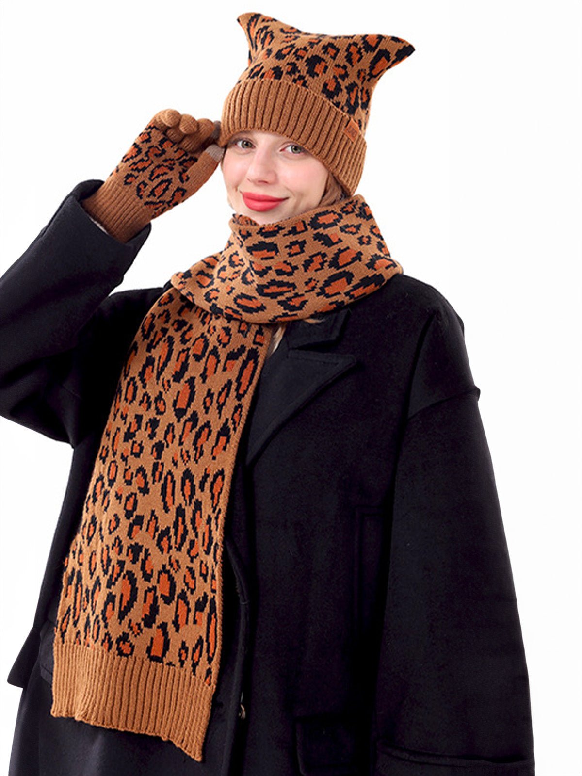 Ensemble bonnet gants écharpe femme, tricot léopard hiver, set léopard chaud 3 pièces, accessoire mode saison froide, cadeau original automne hiver, modèle Zéderine - Écharpe - Camel