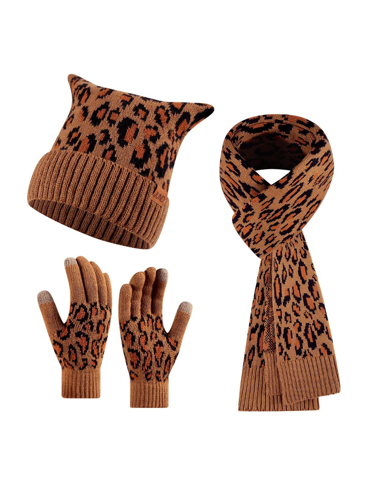 Ensemble bonnet gants écharpe femme, tricot léopard hiver, set léopard chaud 3 pièces, accessoire mode saison froide, cadeau original automne hiver, modèle Zéderine - Écharpe - Camel