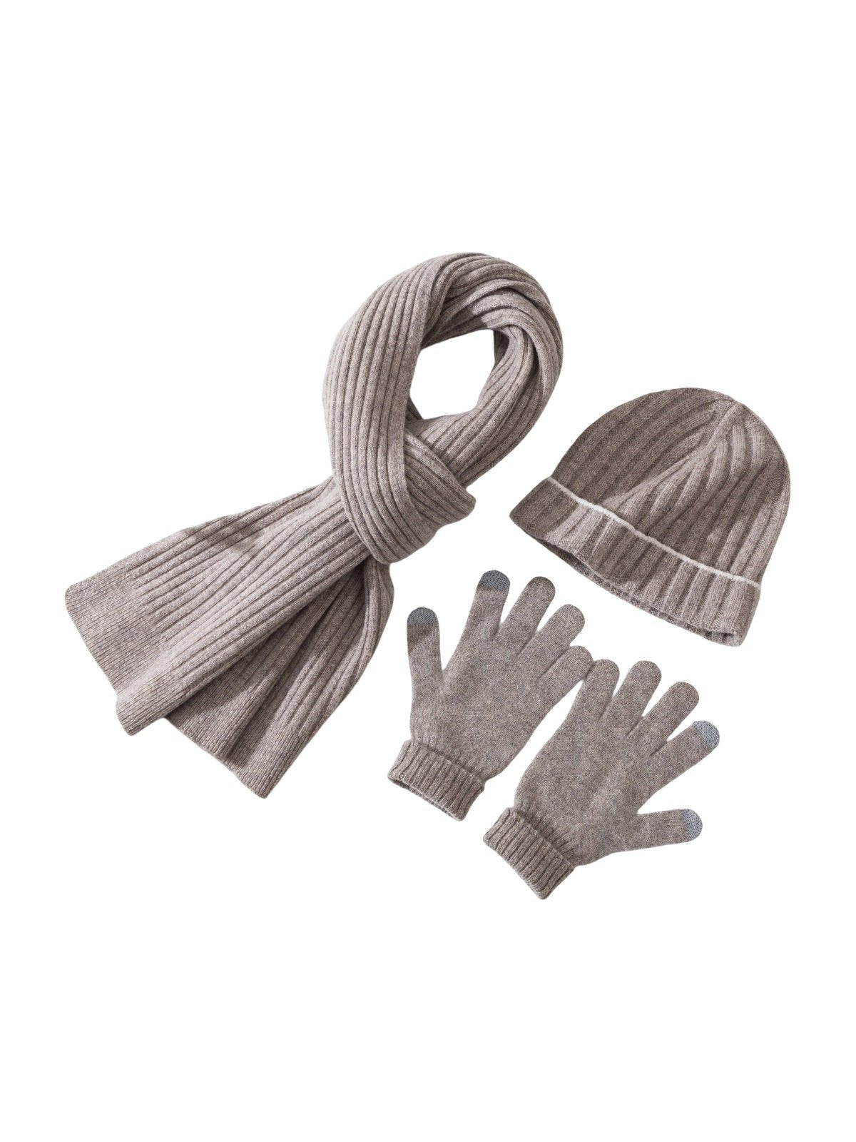 Ensemble d'hiver pure laine, bonnet côtelé, écharpe longue, gants tactiles, chaud confortable, style minimaliste, look unisexe, idéal grand froid, modèle Naeko - Écharpe - Beige