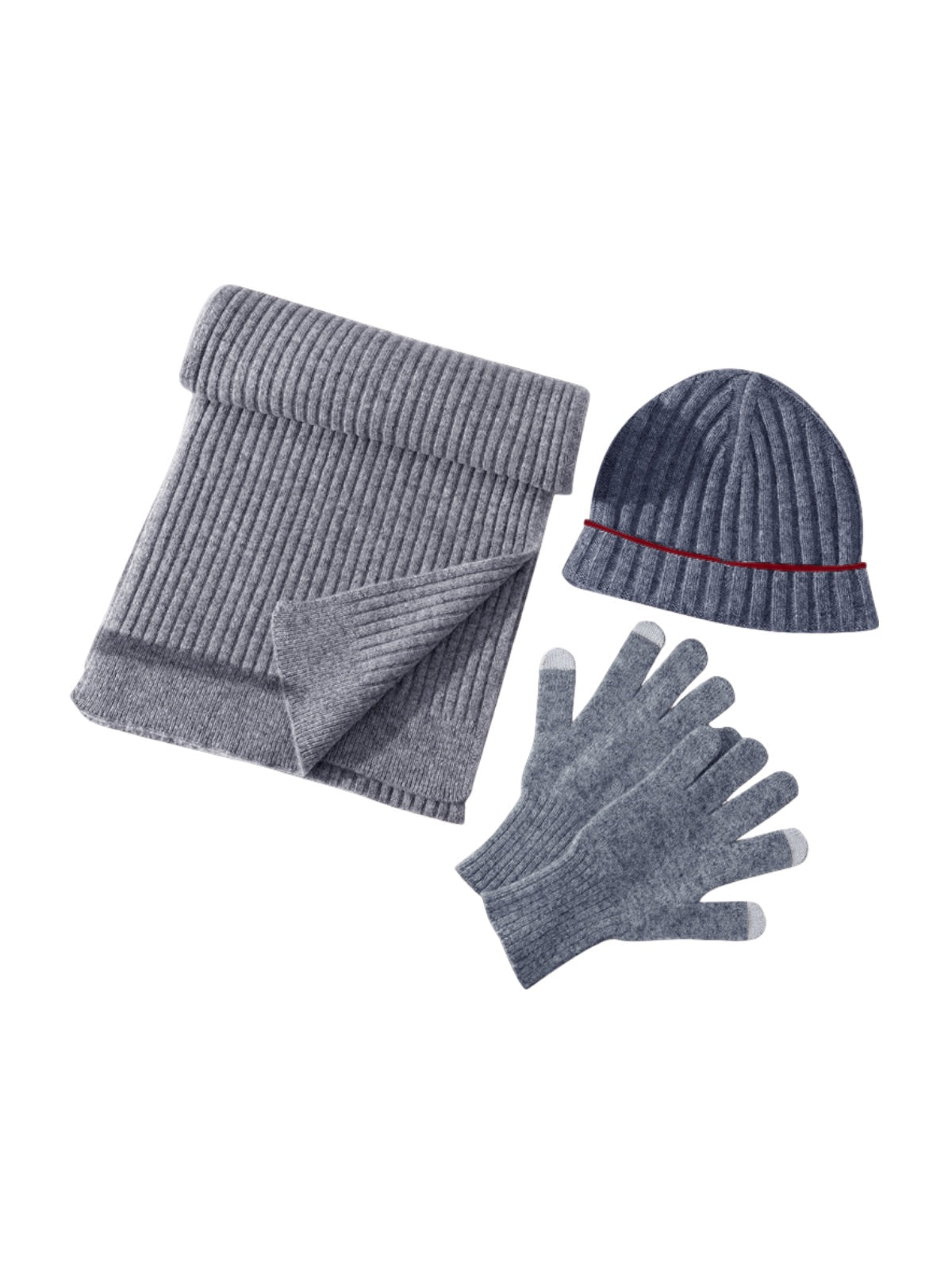 Ensemble d'hiver pure laine, bonnet côtelé, écharpe longue, gants tactiles, chaud confortable, style minimaliste, look unisexe, idéal grand froid, modèle Naeko - Écharpe - Gris