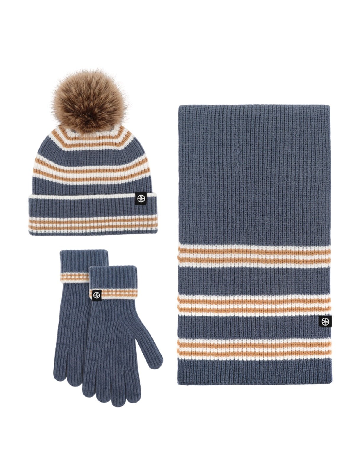 Ensemble hiver tricoté, bonnet rayé avec pompon amovible, écharpe assortie douce et chaude, gants tactiles confortables, look cocooning pour grands froids, modèle Hotcho - Écharpe - Bleu marine