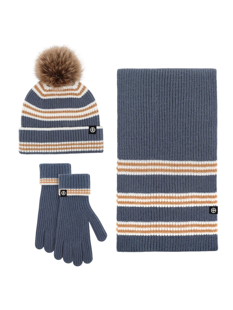 Ensemble hiver tricoté, bonnet rayé avec pompon amovible, écharpe assortie douce et chaude, gants tactiles confortables, look cocooning pour grands froids, modèle Hotcho - Écharpe - Bleu marine